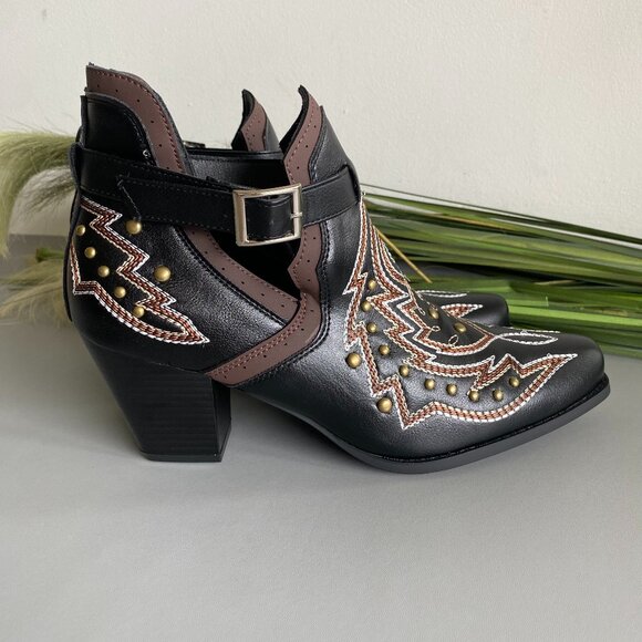 Western Cutout Studded Stitched Ankle Bootie Fits Sz 10 - Picture 2 of 10